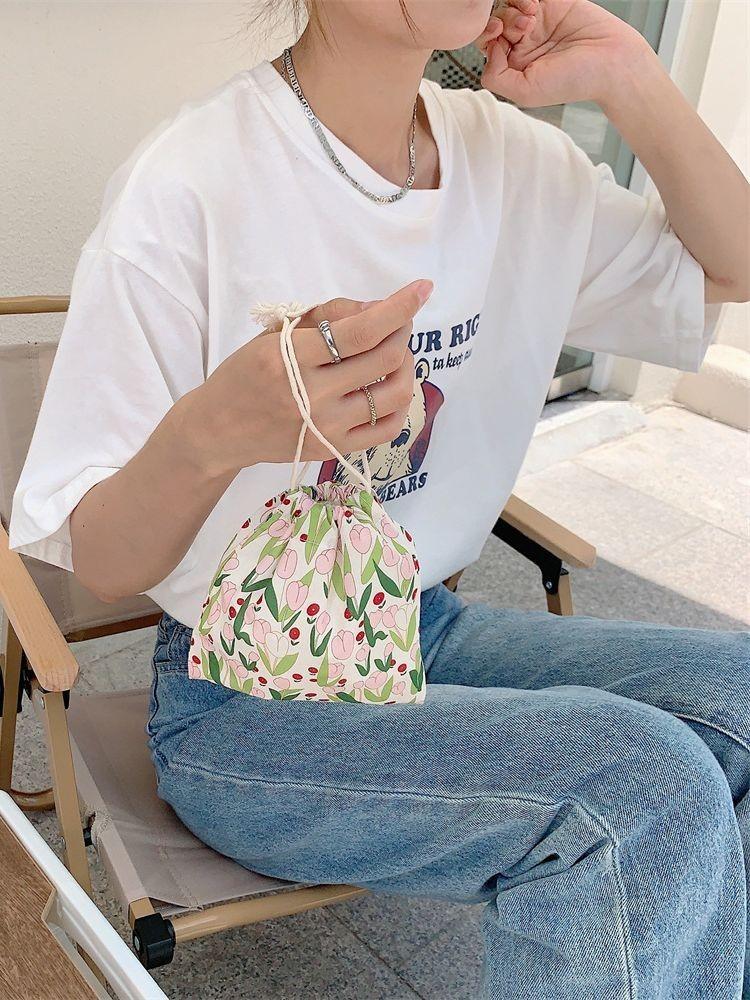 Adorable Tulip Drawstring Storage Bag Trendy Canvas Makeup Organizer Small Tote
