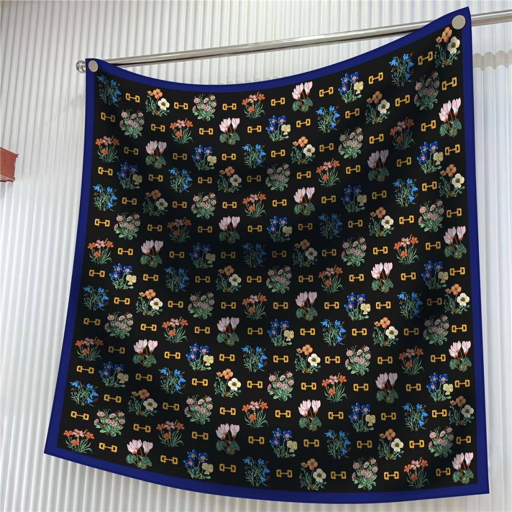 Silk Scarf Women Floral Printed Square Scarves Head Echarpes Silk Foulards Femme Wraps Beach Shawls Bandana Lady Hijabs 90CM
