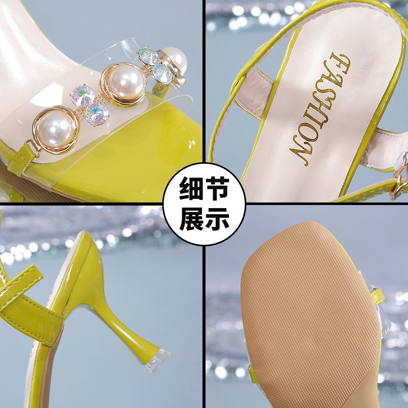 Aphixta 2025 New Summer 7.5cm Bling Thin Heels Women Sandals Luxury Diamonds Pearl Buckle Cool Ankle Strap Open Toe Blue Shoes