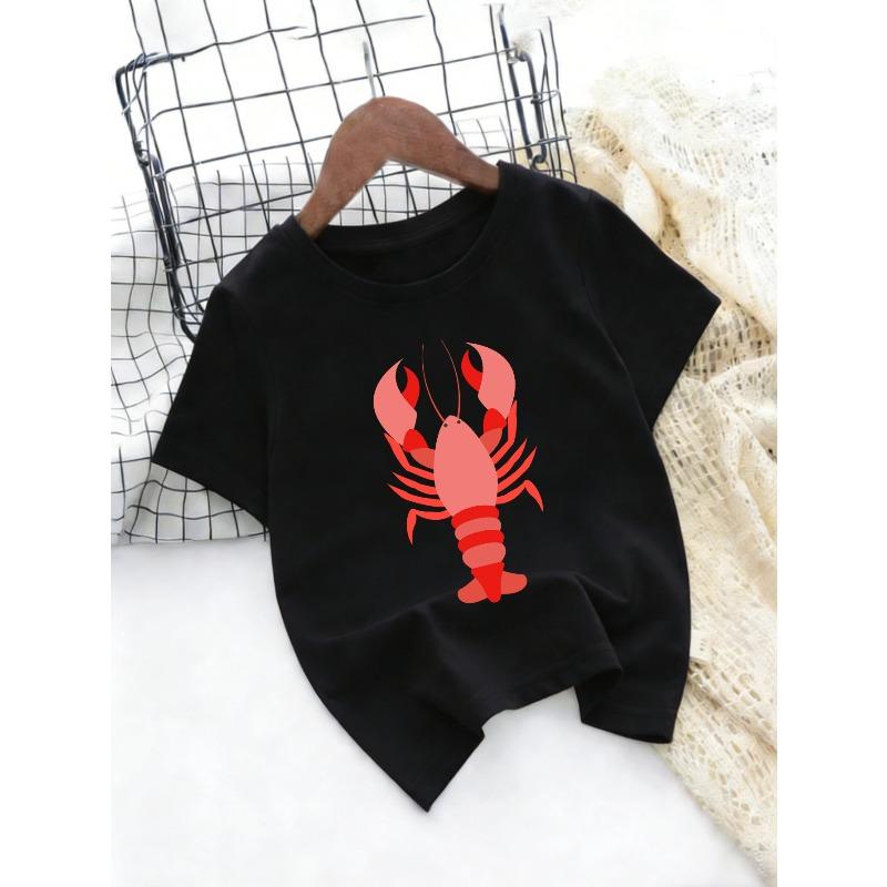 European Sizes Cartoon Lobster Print T-Shirt for Boys And Girls, Cute Summer Short-Sleeve Top Featuring Marine Life