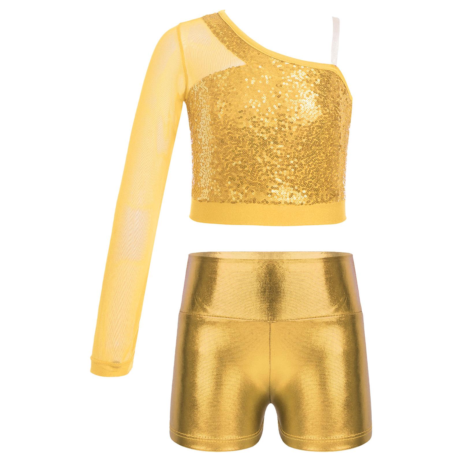 

Дівчачий блискучий топ на одне плече з блискітками, прозорий сітчастий топ з довгими рукавами та металевими шортами з високою талією, танцювальний комплект 7-8 Years золотий