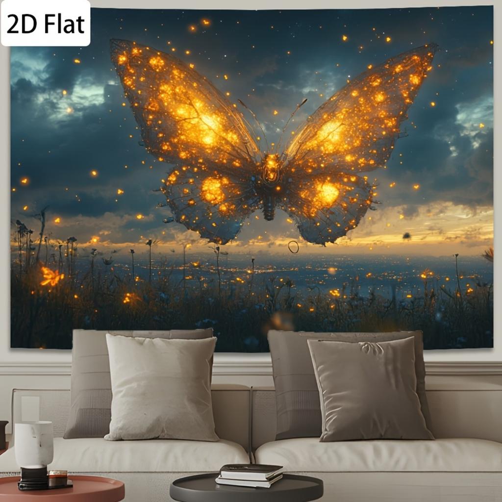 2D Flat 1pc Glowing Mechanical Butterfly Wall Tapestry Starry Night Sky with Fireflies Golden SelfLit Hanging Decor for H