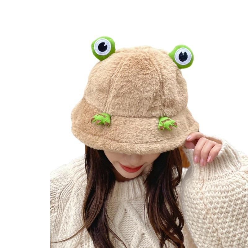 Women's Fashion Autumn and Winter Thicken Warm Rabbit Fur Hat Student Girl's Cute Korean Style Cartoon Frog Bucket Hat