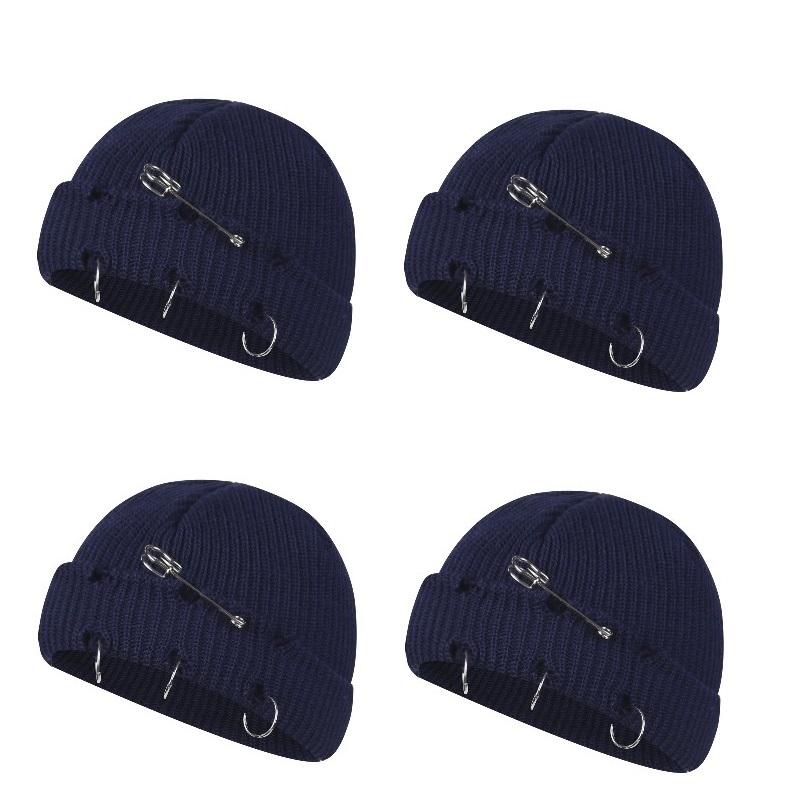 Women Girls Y2k Gothic Beanie Winter Knit Hats Trendy Metal Rings Pin Hip Hop Streetwear Harajuku Skull Cap Emo Scene Grunge