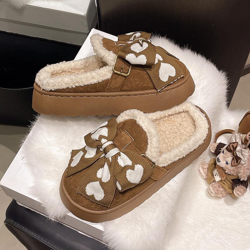 Fleece warm bow cotton slippers women's winter ins tide Korean version soft thick bottom cotton mop fashionable outer wear casual cotton mop