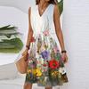 Women's Spring Summer Casual V Neck Sleeveless Waist Floral Print Midi Dress