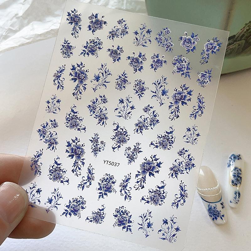 Blue White Porcelain Chinese Style Sticker 3D Self Adhesive Nail Art Sticker Flower Silverback Adhesive Manicure Decal Salon DIY