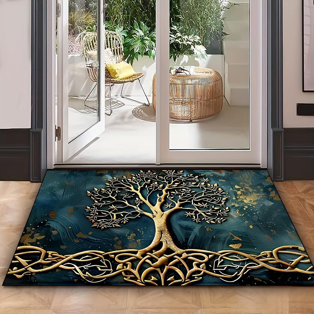 Life Tree Pattern Welcome Mat, Crystal Velvet Fabric, Silicone Backing, Rectangular Non-Slip Washable Entrance Carpet for Home, Bathroom Decor
