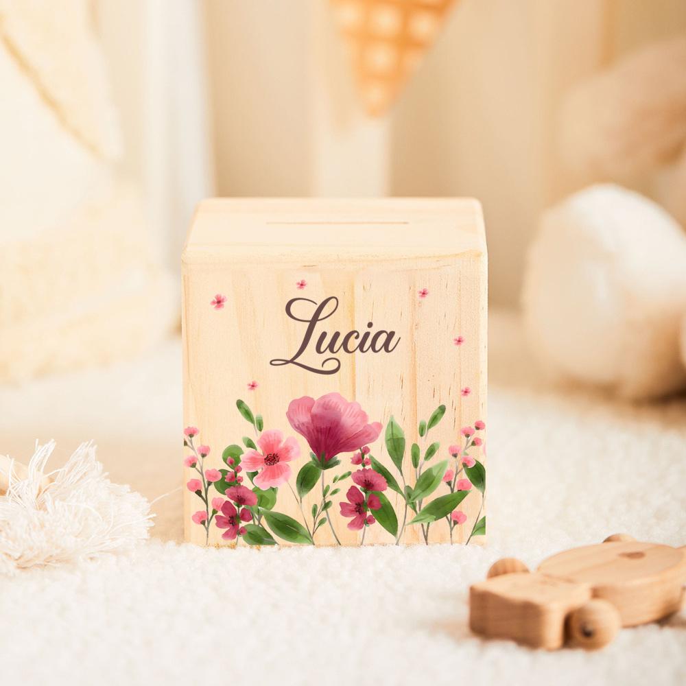 Salvadanaio Fiore Personalizzato Salvadanaio con Nome Maialino Carino Salvadanaio per Bambini Scatola Portamonete Regali di Compleanno e Festività Salvadanai in Legno per Bambini
