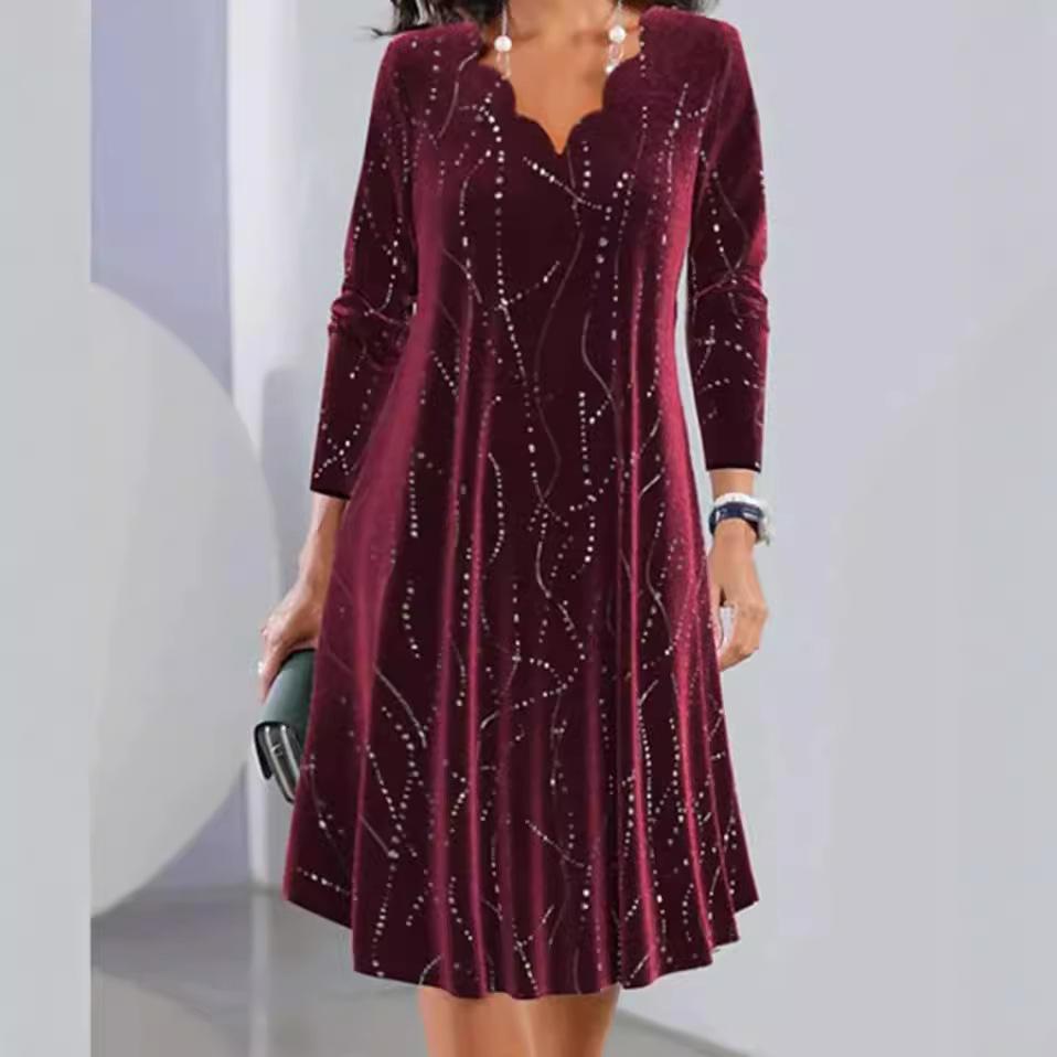 Abito alla moda con scollo a V a maniche lunghe con glitter per donna