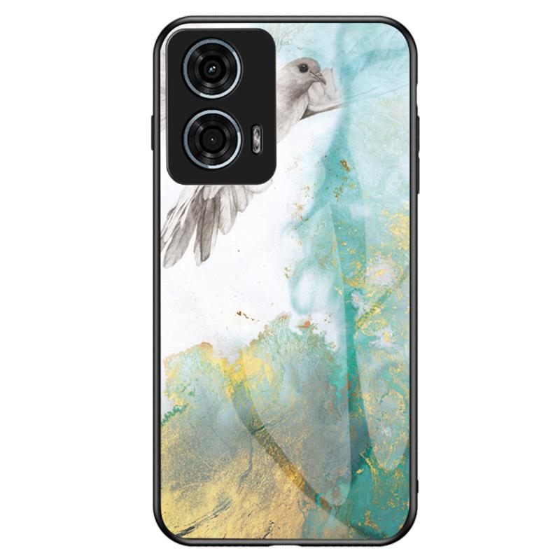 

For Motorola Moto G24 Power Case Tempered Glass+PC+TPU Marble Pattern Phone Cover Flying Pigeon Marble