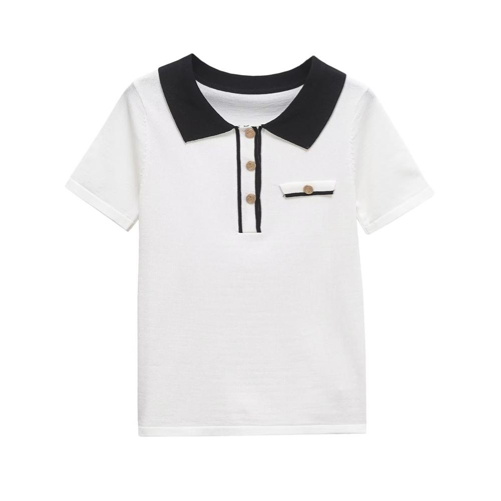 

Женский трикотажный топ в стиле пэчворк с цветовыми блоками, весна/лето 2025: Повседневный стиль с лацканами и короткими рукавами M белый