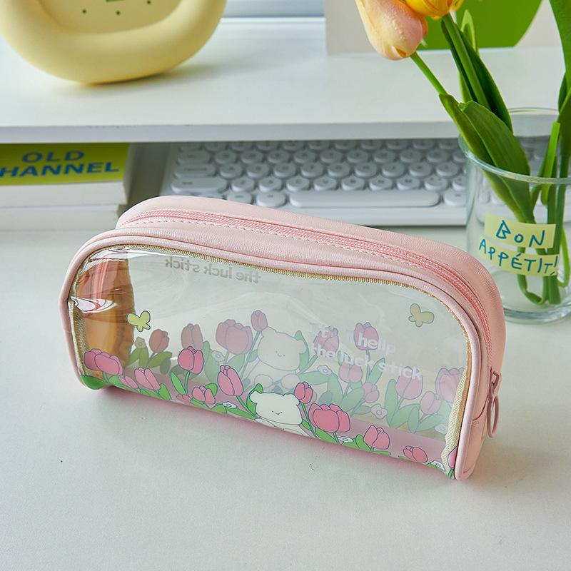 Spring Collection Pen Bag Pencil Case PU PVC Transparent Flower Storage Pouch for Stationery School