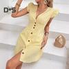 Women's Striped Print Dress Summer Button Front Short A Line Dress Ruffle Cap Sleeve V-Neck Mini Party Dress