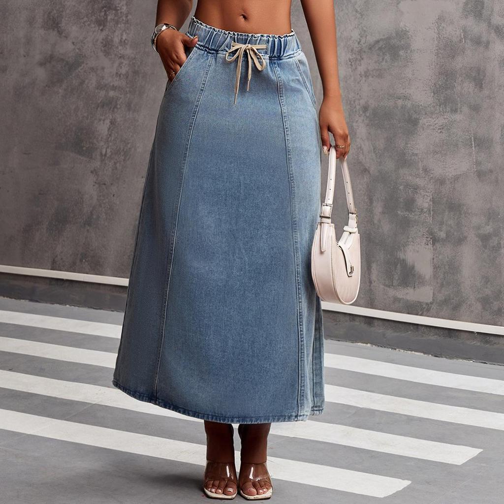 Retro European-American Women's Washed Denim Summer Skirt with Drawstring Waist