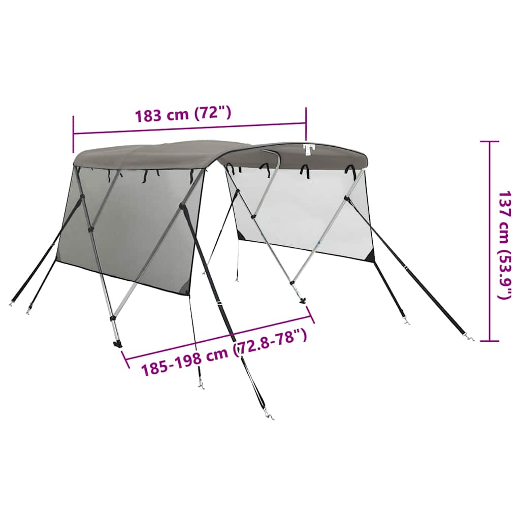3 Bow Bimini Top with Mesh Side Panels 183 x (185 198) x 137 cm