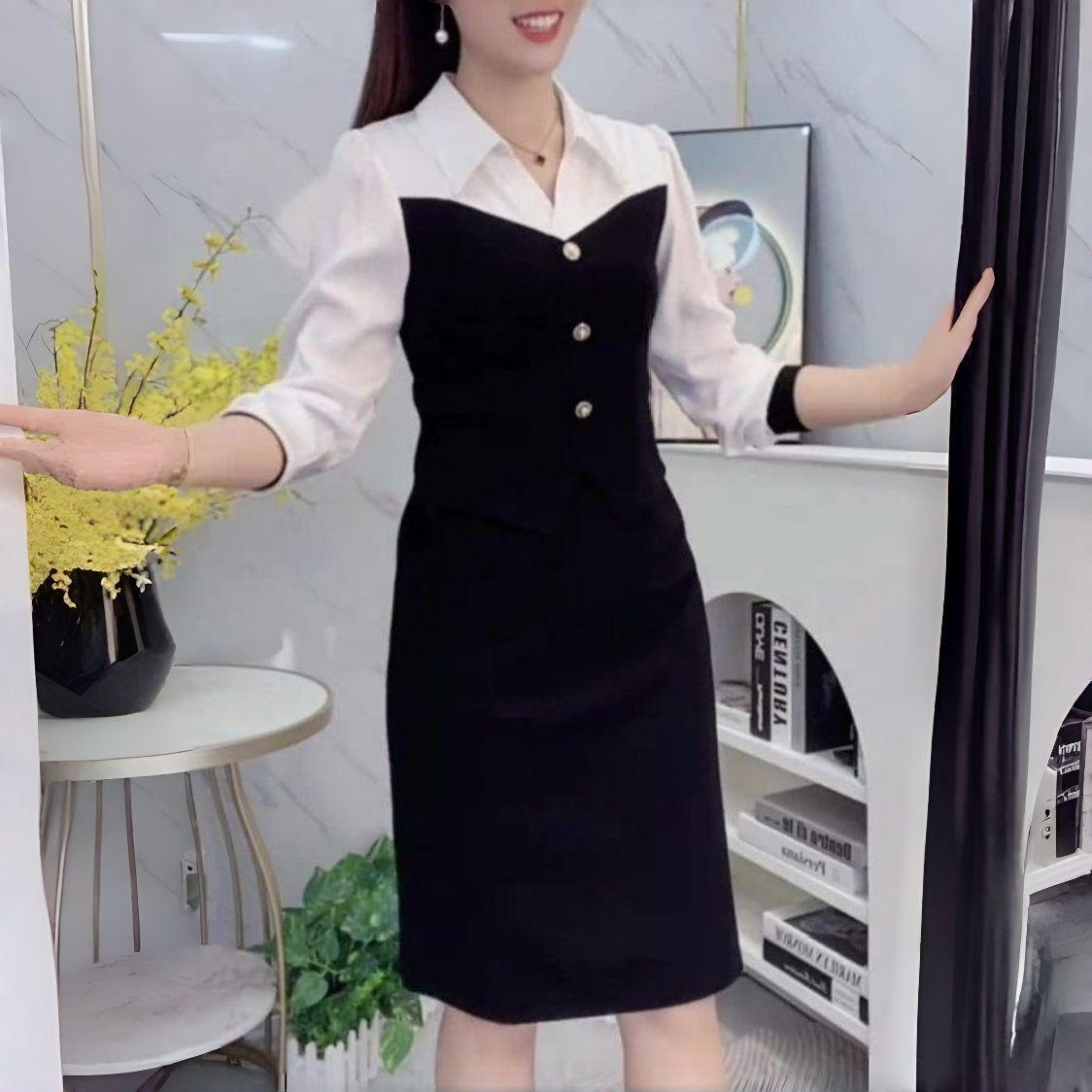 

Temperament Color Block Patchwork Plus Size Polo Collar Dress - Women s Spring/Autumn 2026 Fresh Style, Long Sleeve Fake Two-Piece Design M for 85-105 jin білий