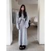 Womens Gray Knit Two-Piece Set Lazy Chic Long Sleeve Top Midi Skirt Winter Soft Warm Outfit