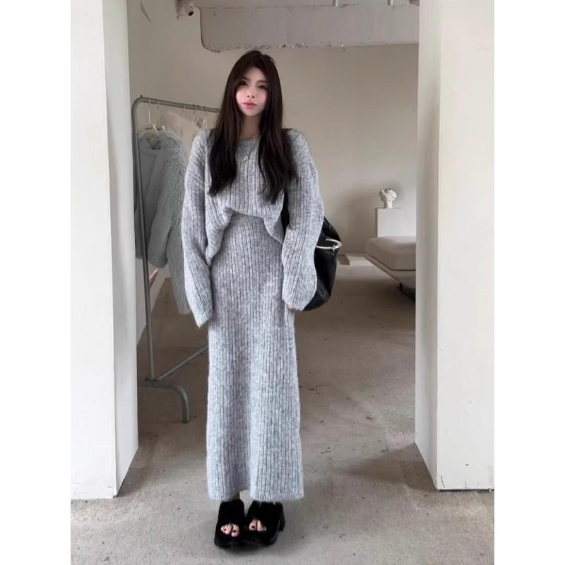 Womens Gray Knit Two-Piece Set Lazy Chic Long Sleeve Top Midi Skirt Winter Soft Warm Outfit