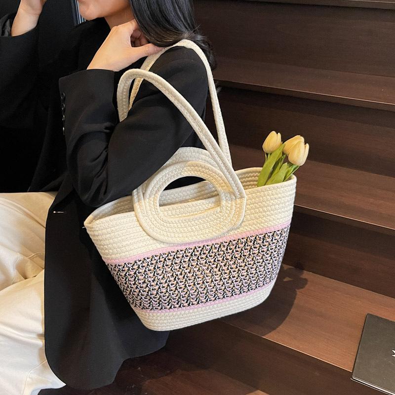 Large capacity woven bag women's new shoulder handbag commuter beach hand bucket bag
