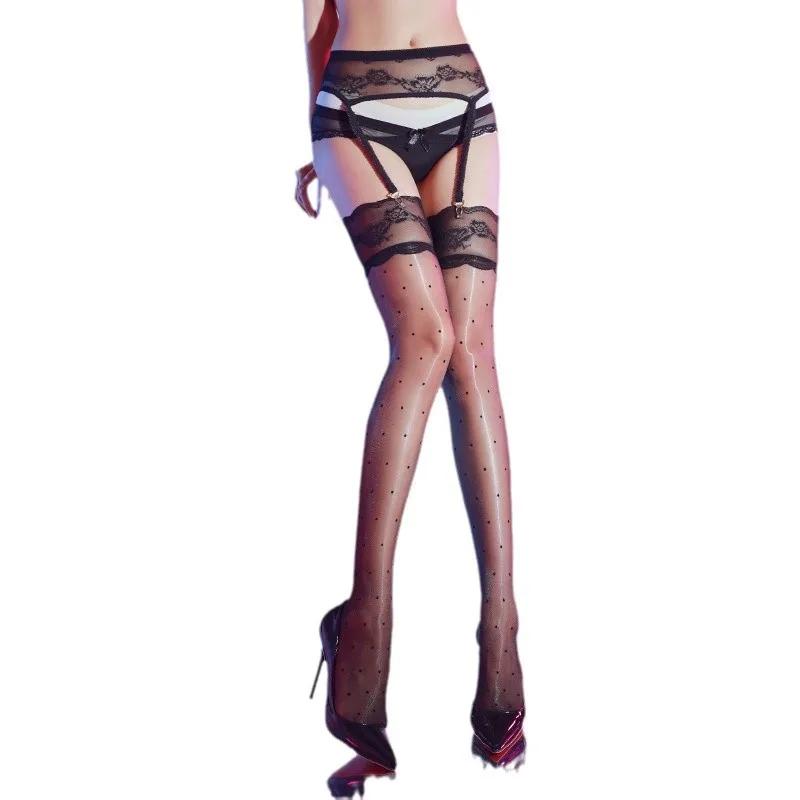 Women's Over Knee Long Tube Socks With Garter Belt Ultra Thin Aurora Dot Transparent Stockings Oil Shiny Stretchy Pantyhose