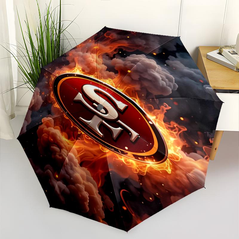 San Francisco 49ers LOGO Print Automatic Umbrella, 8 Rib Iron Frame, Plastic Handle, Suitable for Outdoor Travel &Daily , Ideal Gift