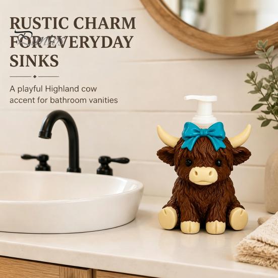 Durable Soap Dispenser Highland Cow Dispenser, Pink Bow Cattle Refillable Hand Empty Bottle, Plastic Pump Bottle for Bathroom, Housewarming