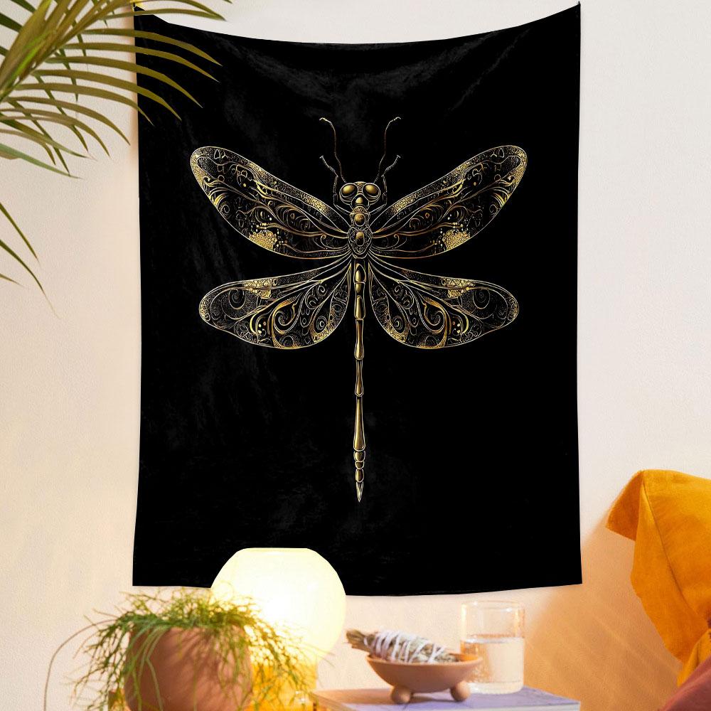 Golden Ornate Dragonfly Design Patterned Tapestry Decorative Wall Hanging, Home Bedroom Living Room Decor