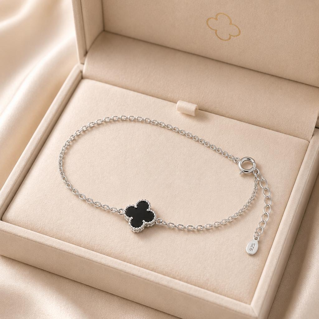 Women' Silver Bracelet 925 Silver Onyx Clover Italian Diamond