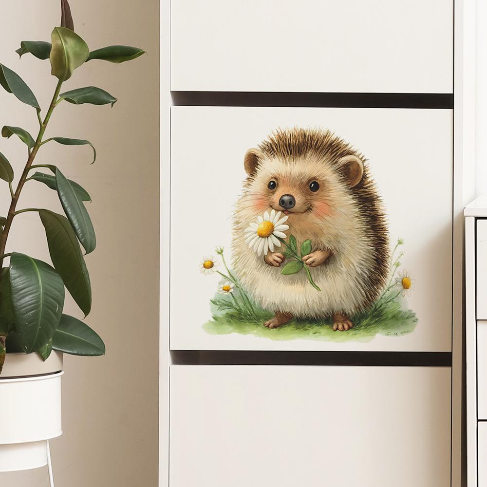 Cartoon Hedgehog Picking Daisies Living Room and Dining Room Background Wall Decoration Stickers
