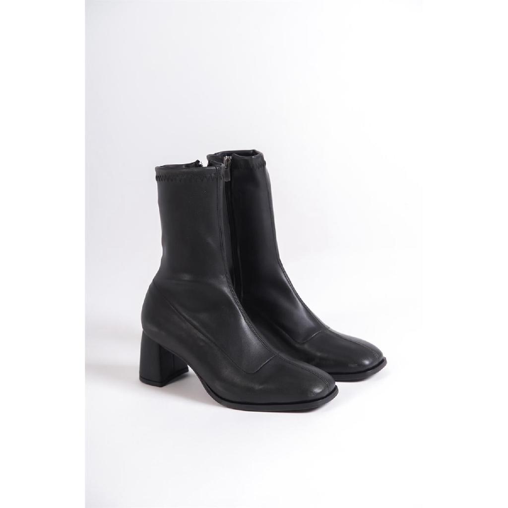 Black Leather Stretch Ankle Zippered Blunt Heeled Women's Boots