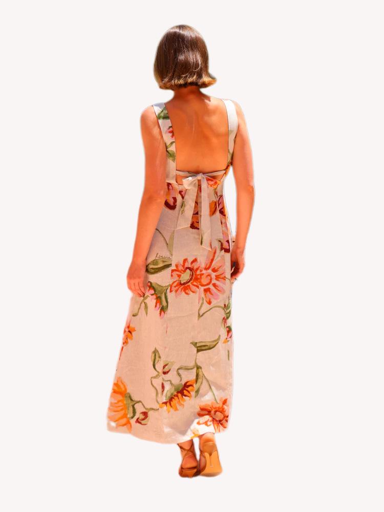Summer 2025 European & American Vacation Style Backless Print Long Suspender Dress
