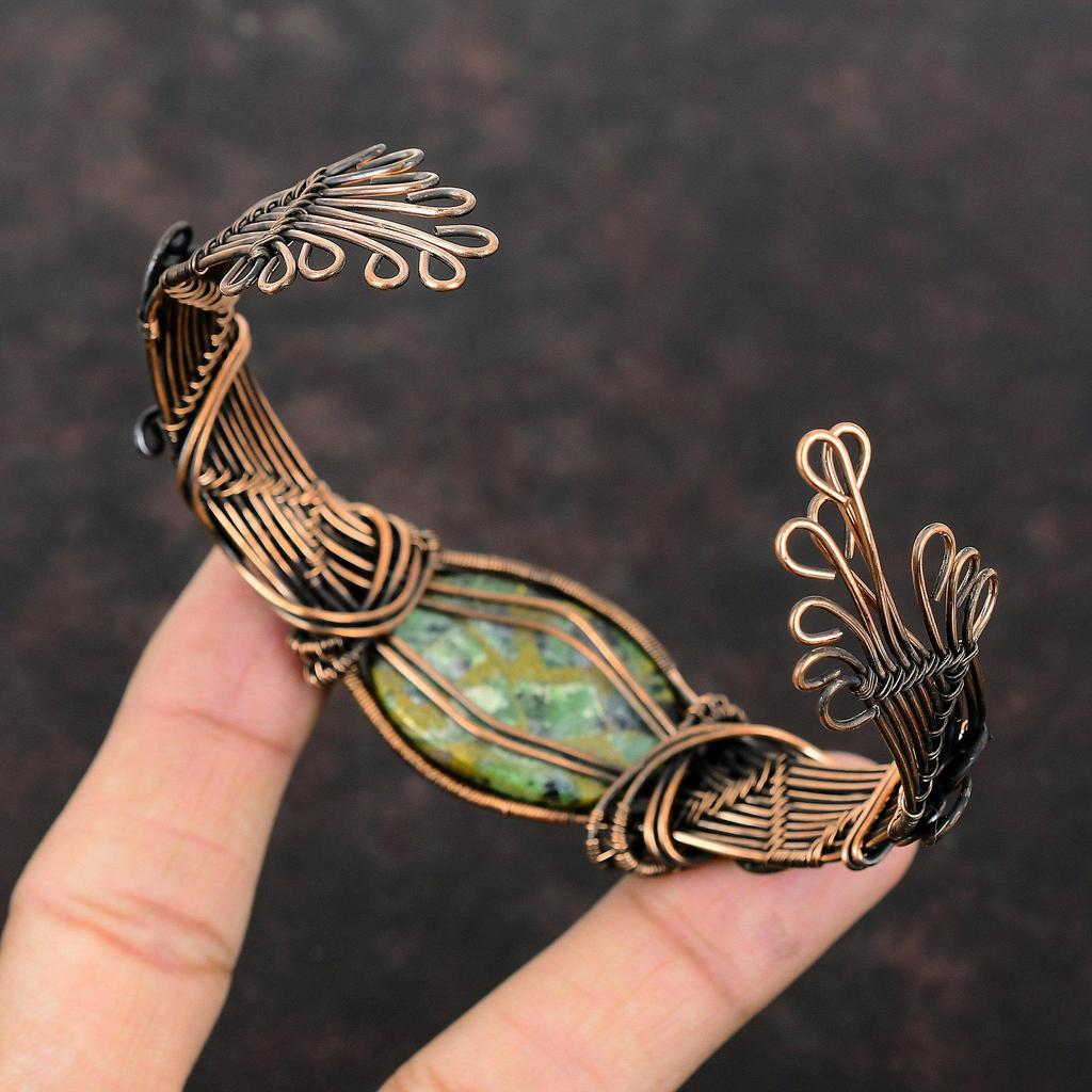 Copper Ruby Zoisite Cuff Bracelet Copper Wire Wrapped Bangle Adjustable Cuff Handmade Jewelry Gemstone Stylish Bangle Wire Wrap Jewelry Gift