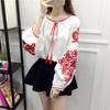 Women Summer Blouse Ethnic Embroidered Pullover Top Round Neck Lantern Sleeve Loose Fit Tunic Shirt