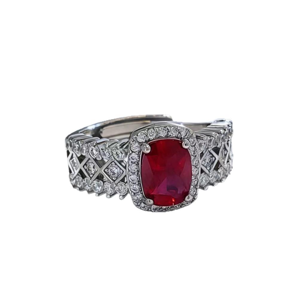 Advanced Sense Cultivation Ruby Ring Feminine Style Engraved Rhombus Sapphire Open Ring