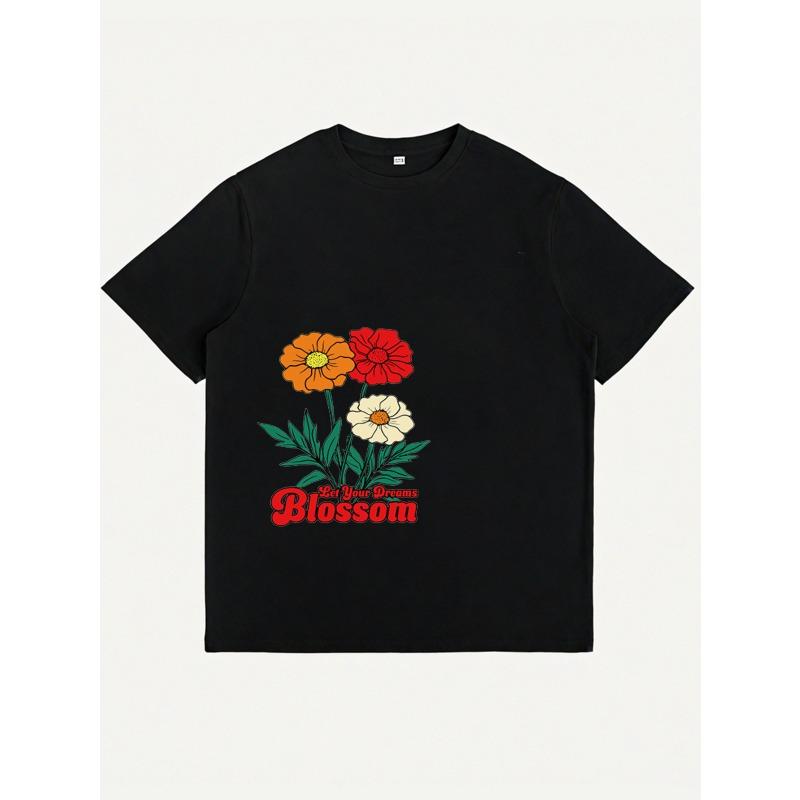 Women Let Your Dreams Blossom T-Shirt Floral Print Orange Red White Flowers Round Neck Short Sleeve Machine Washable Black Casual Home Streetwear Top