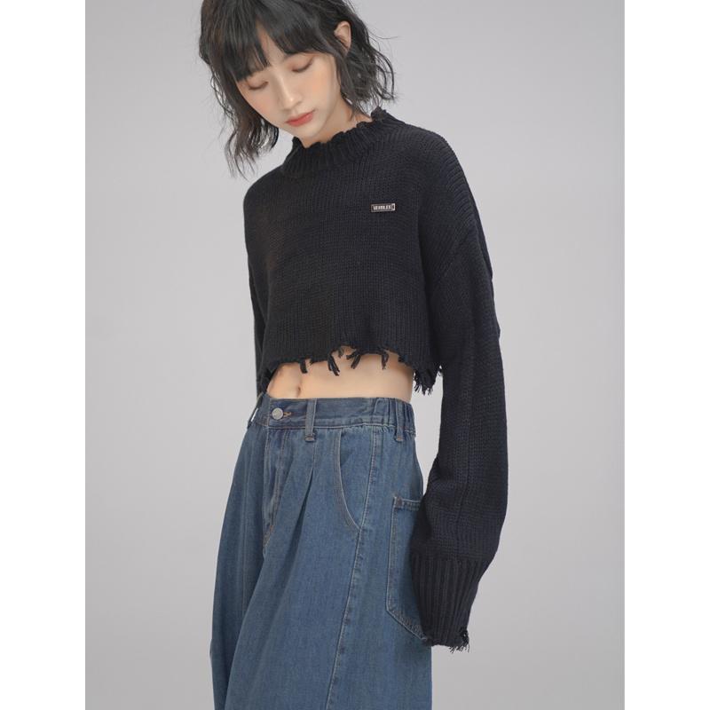 Осенние корейские женские укороченные топы с длинным рукавом и круглым вырезом, однотонный трикотаж, уличная одежда, свободная повседневная одежда S чёрный