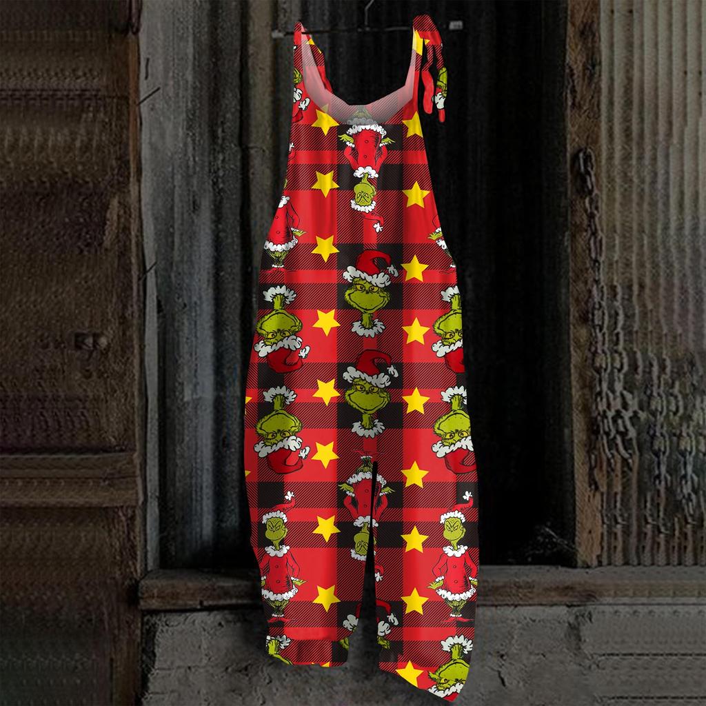 Damski kombinezon z nadrukiem Halloweenowym, casualowy, luźny, vintage, na ramiączkach, bawełniano-lniany