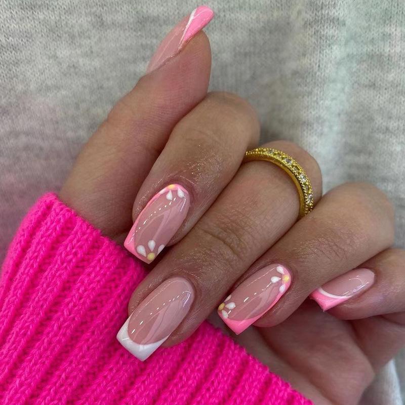 White Pink Floral French Nail Art Stickers - Wearable Nail Pieces Glue Set