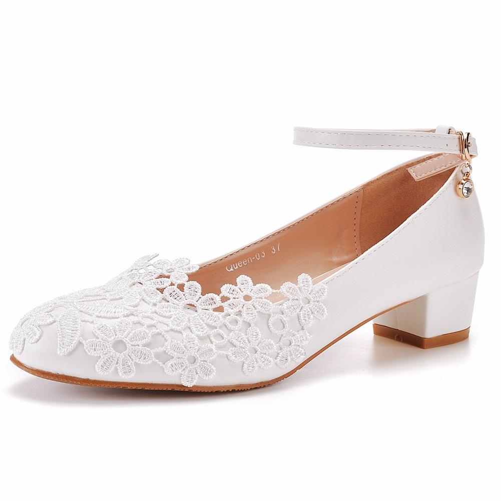 Large Size 3 Cm Square Heel Round Toe Single Shoes One-line Wristband Single Shoes Spring and Autumn Lace Wedding Shoes Women's White Shoes