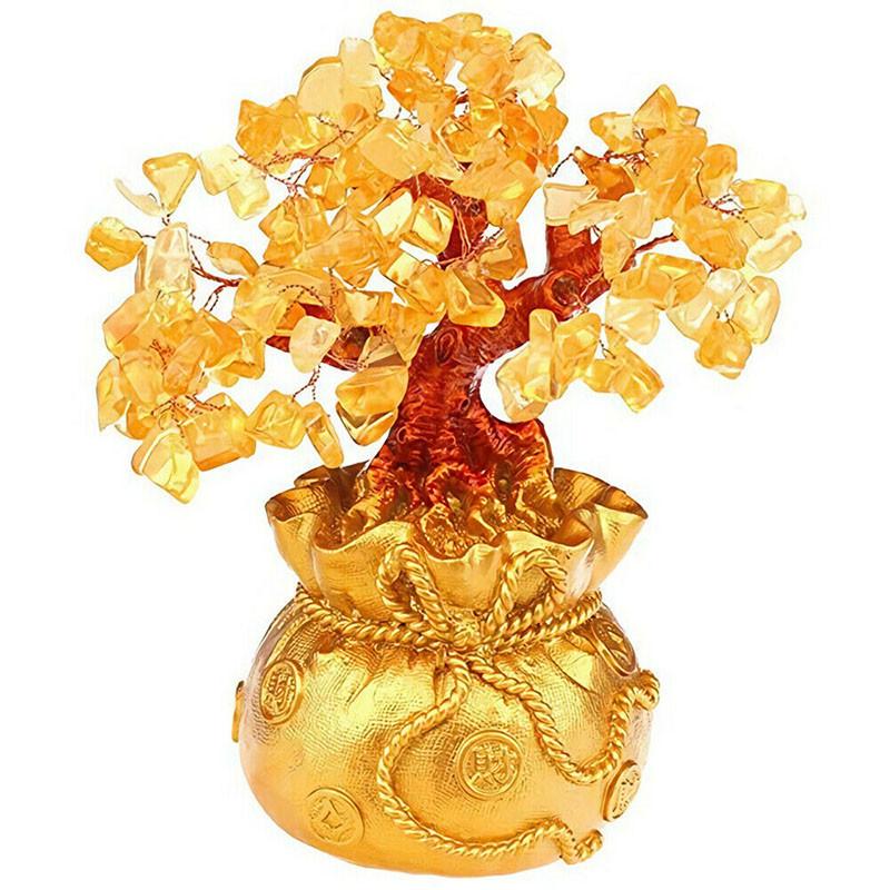 Exquisite Feng Shui Money Tree Featuring Yellow Citrine And Amethyst Crystal Leaves