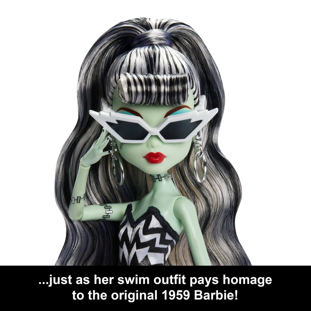 Monster high Roupa de banho original X Barbie Frankiestein e vestido preto de noite solo com holofote e acessórios inspirados na boneca Barbie.