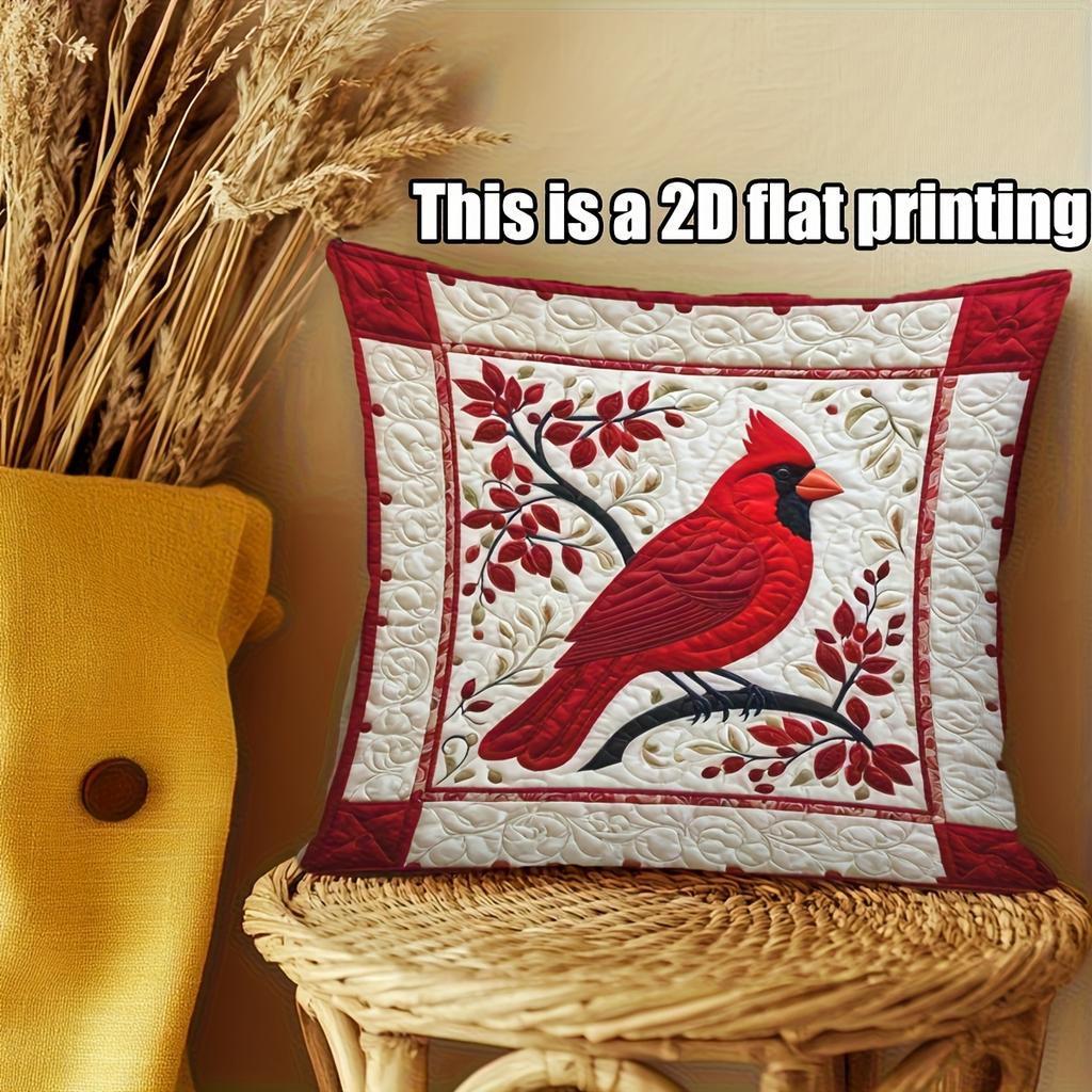 2D Quilted Red Cardinal Bird Throw Pillow Cover Floral Patchwork Decorative Cushion Case For Luxury Home Decor Gift