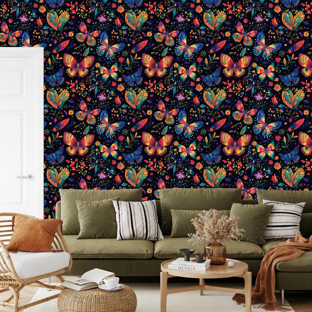 Wallpaper Colorful Butterflies Black and Navy Blue for Living Room and Bedroom 50x1000