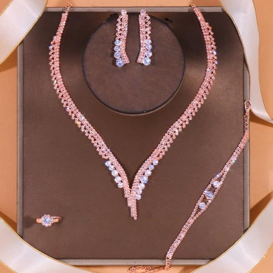 1 Set Women Jewelry Set Luxury Elegant Shiny Full Rhinestones Inlaid Sparkling Dress Up Gift Simple Bridal Necklace Bracelet Earrings Ring Set