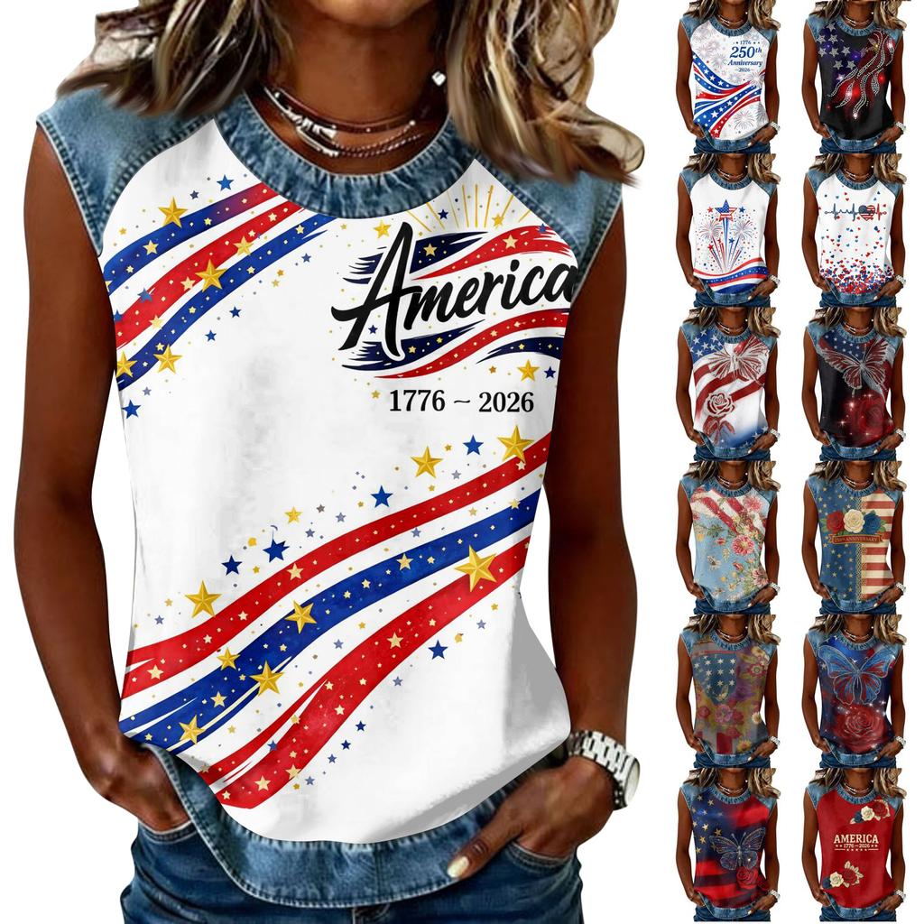 Women's Casual Sleeveless Pullover Top Crew Neck Tank Shirt 250th Anniversary Graphic Print Sleeveless Tee for Summer