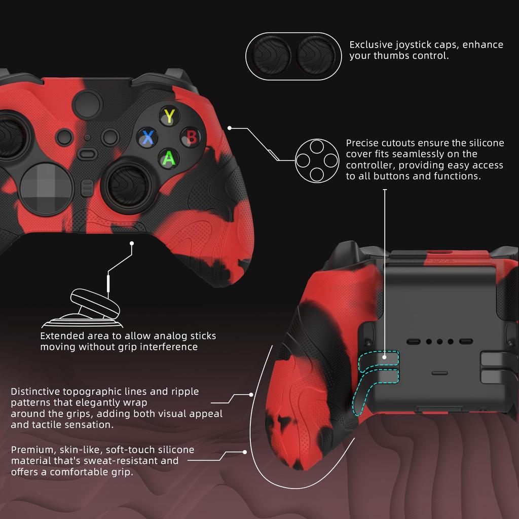 PlayVital Mountain Range Edition Silicone Cover for Xbox Elite Wireless Controller Series 2 Elite Series 2 with Thumb Grips Red Black & Core, Non-Slip