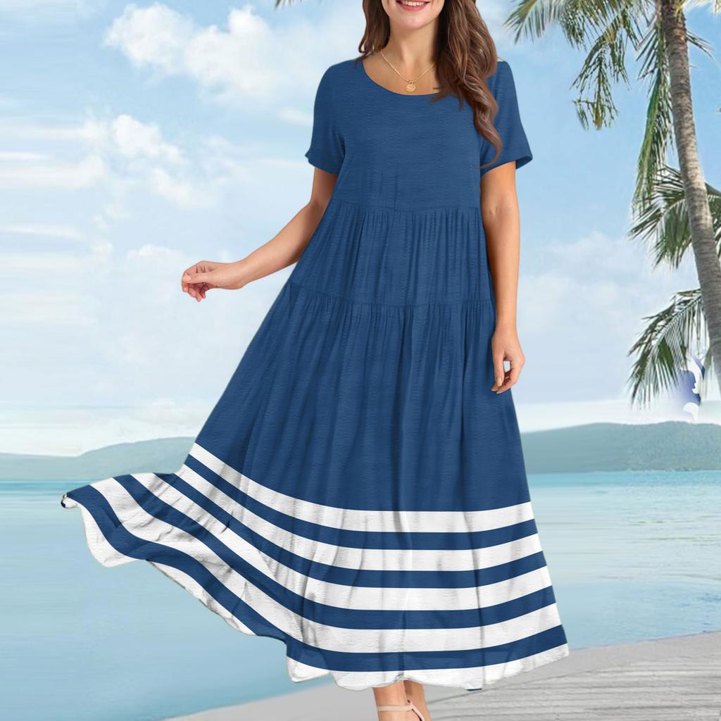 Women's Casual Loose Bohemian Striped Printed Short Sleeve Dress