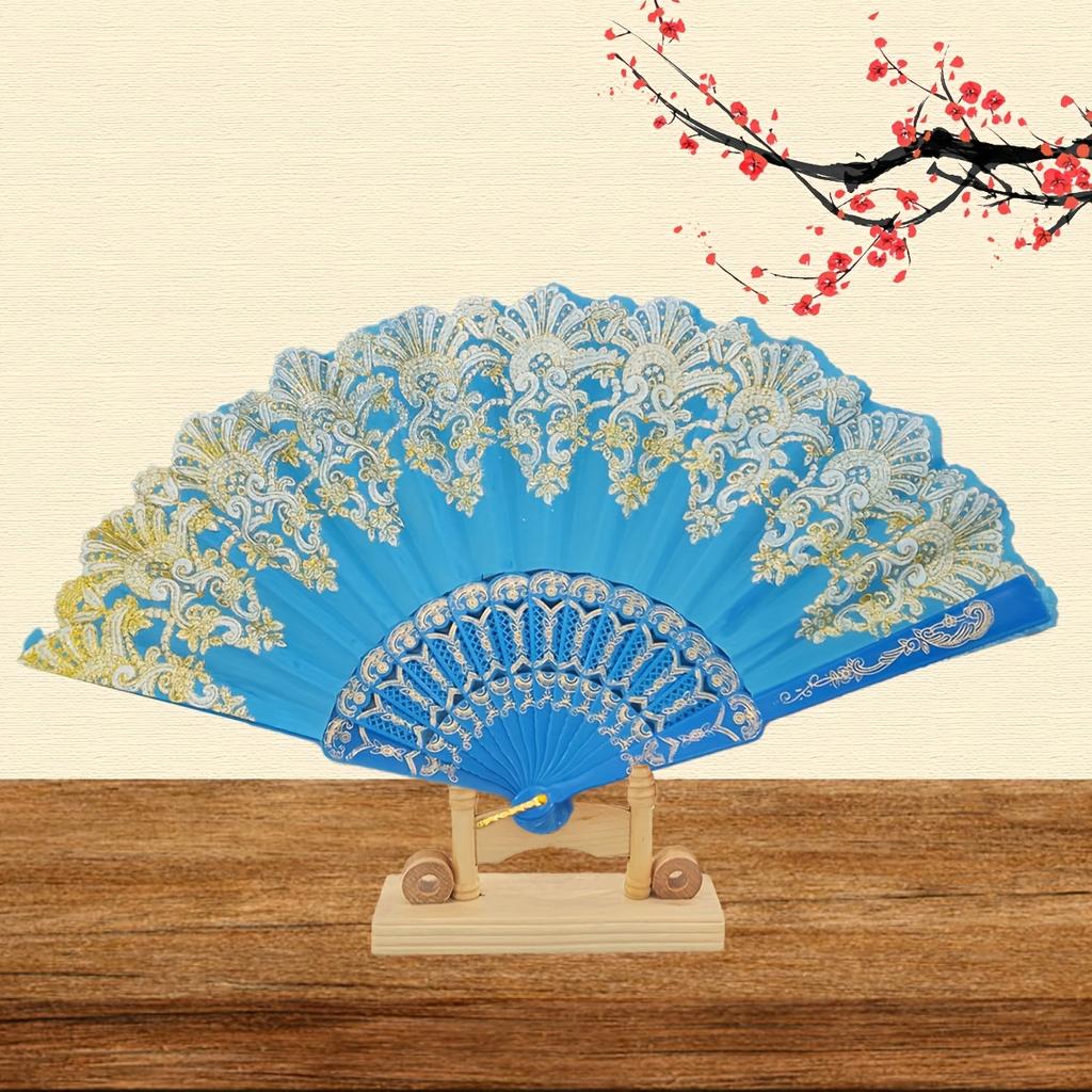 1pc Bronzing Flower Pattern Folding Fan Chinese Style Silky Fan Ancient Costume Accessories Dance Performance Props