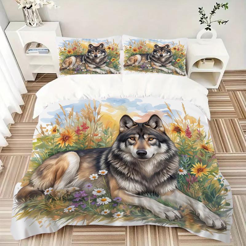 3pcs Wolf's Peaceful Rest amidst Nature's Bounty Quilt Cover Set - Soft and Cozy Bedroom, Guest Room and Dorm Decorative Bedding